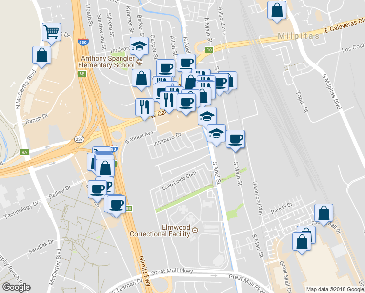 map of restaurants, bars, coffee shops, grocery stores, and more near 366 San Petra Court in Milpitas