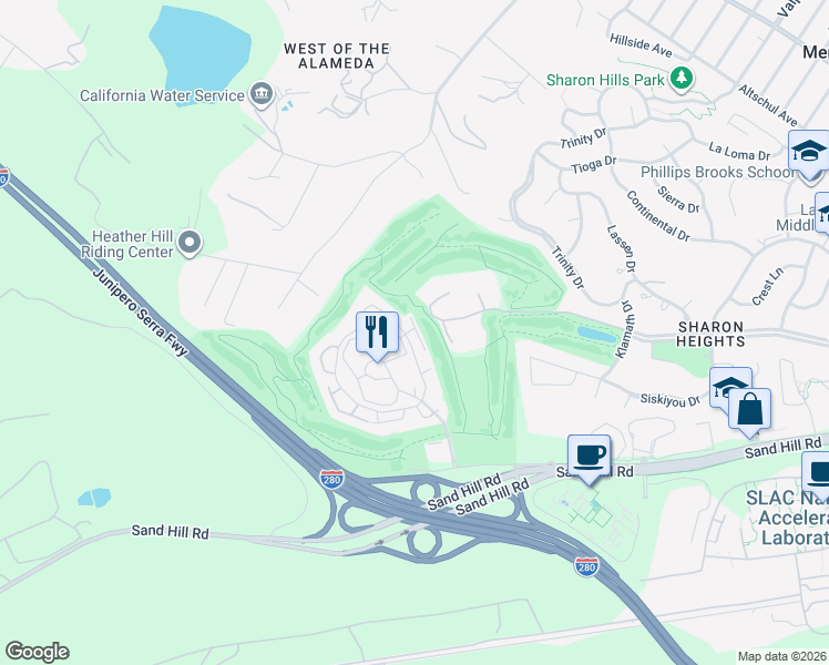 map of restaurants, bars, coffee shops, grocery stores, and more near 186 Sand Hill Circle in Menlo Park