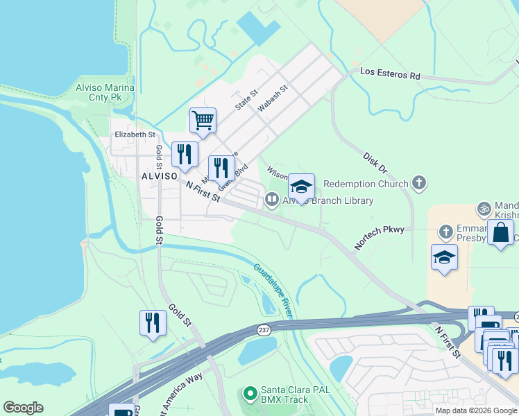 map of restaurants, bars, coffee shops, grocery stores, and more near 5103 Trinity Park Drive in San Jose