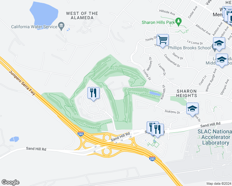 map of restaurants, bars, coffee shops, grocery stores, and more near 1100 Sharon Park Drive in Menlo Park