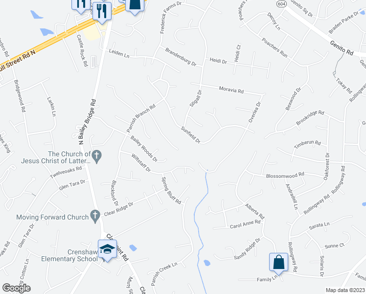 map of restaurants, bars, coffee shops, grocery stores, and more near 11412 Bailey Mountain Trail in Midlothian