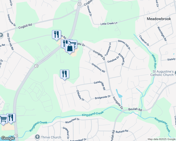 map of restaurants, bars, coffee shops, grocery stores, and more near 5411 Mistyhill Road in Richmond