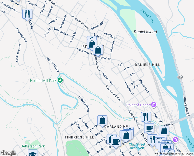 map of restaurants, bars, coffee shops, grocery stores, and more near 847 Belmont Street in Lynchburg