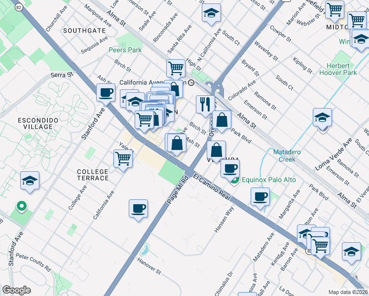 map of restaurants, bars, coffee shops, grocery stores, and more near 404 Sheridan Avenue in Palo Alto