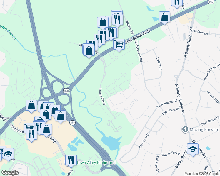 map of restaurants, bars, coffee shops, grocery stores, and more near 4001 Lonas Parkway in Midlothian
