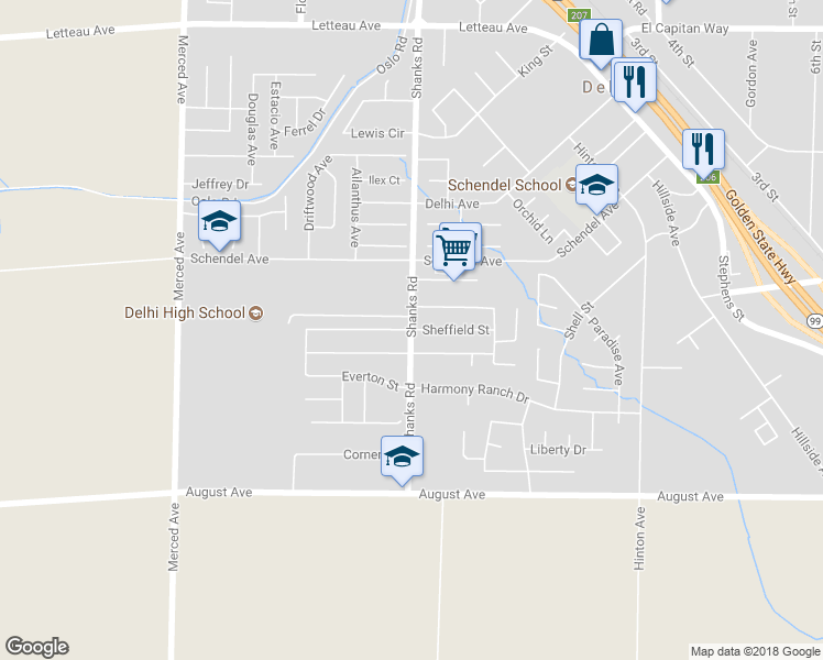 map of restaurants, bars, coffee shops, grocery stores, and more near Shanks Road & Sheffield Street in Delhi
