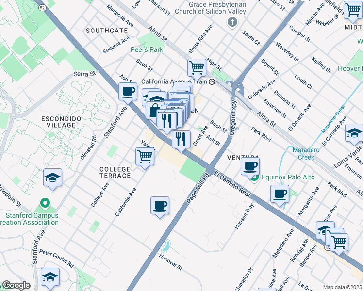 map of restaurants, bars, coffee shops, grocery stores, and more near 2455 El Camino Real in Palo Alto