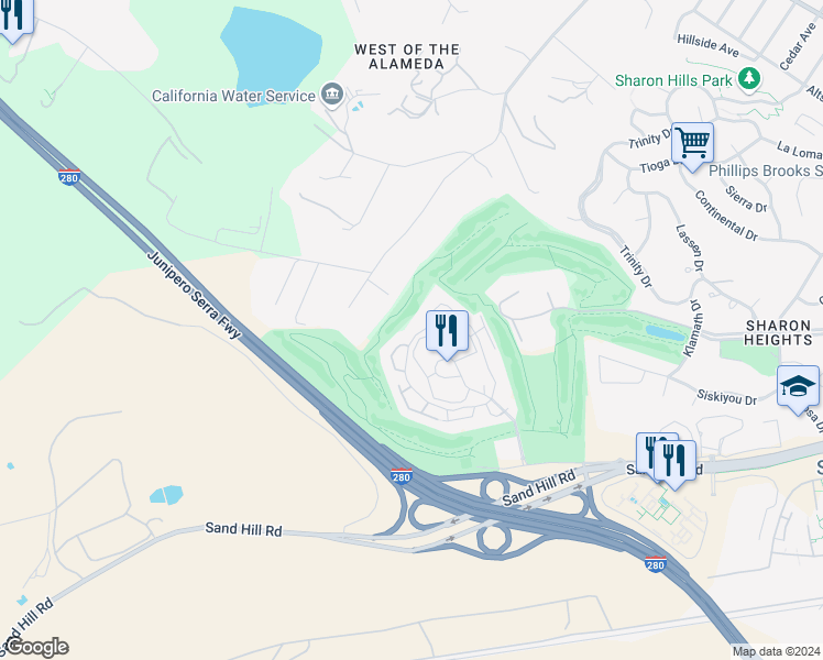 map of restaurants, bars, coffee shops, grocery stores, and more near 416 Sand Hill Circle in Menlo Park