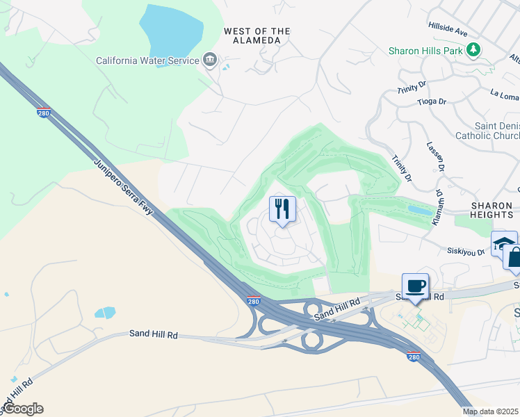 map of restaurants, bars, coffee shops, grocery stores, and more near 416 Sand Hill Circle in Menlo Park