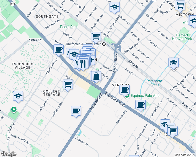 map of restaurants, bars, coffee shops, grocery stores, and more near 455 Grant Avenue in Palo Alto