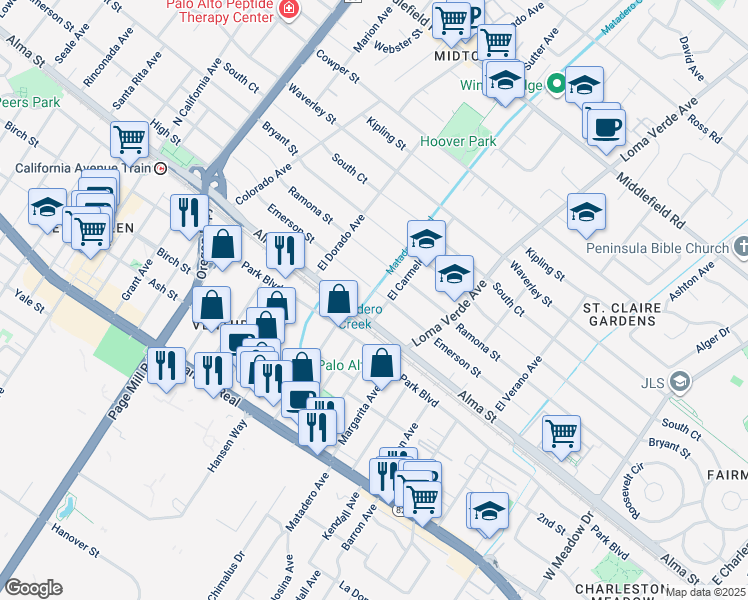map of restaurants, bars, coffee shops, grocery stores, and more near 2932 Emerson Street in Palo Alto