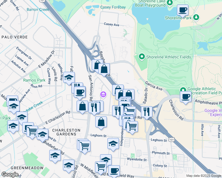 map of restaurants, bars, coffee shops, grocery stores, and more near 4067 Transport St in Palo Alto