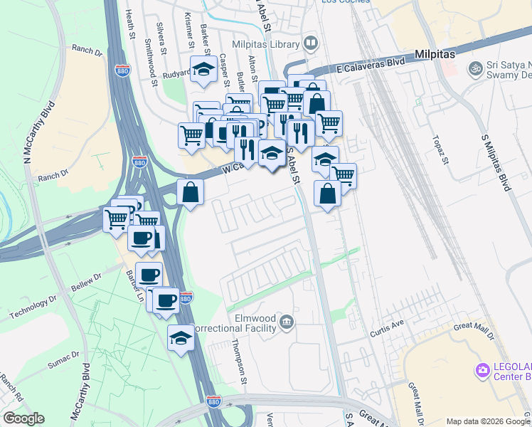 map of restaurants, bars, coffee shops, grocery stores, and more near 343 Ethyl Street in Milpitas