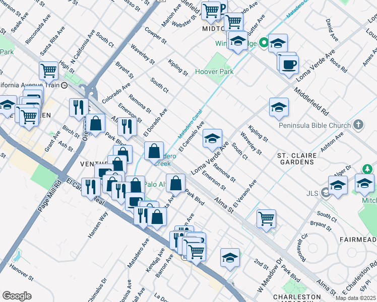 map of restaurants, bars, coffee shops, grocery stores, and more near 270 El Carmelo Avenue in Palo Alto