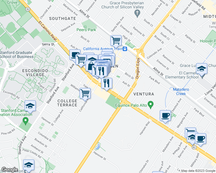 map of restaurants, bars, coffee shops, grocery stores, and more near 2455 El Camino Real in Palo Alto