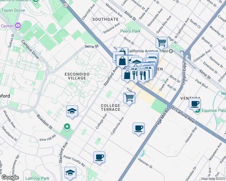 map of restaurants, bars, coffee shops, grocery stores, and more near 2151 Williams Street in Palo Alto