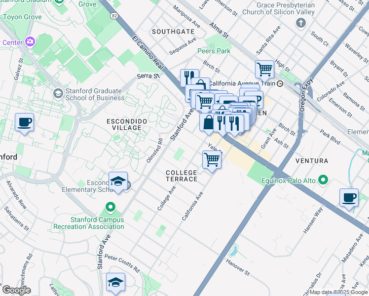 map of restaurants, bars, coffee shops, grocery stores, and more near 2151 Williams Street in Palo Alto
