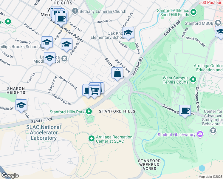 map of restaurants, bars, coffee shops, grocery stores, and more near 2449 Sharon Oaks Drive in Menlo Park