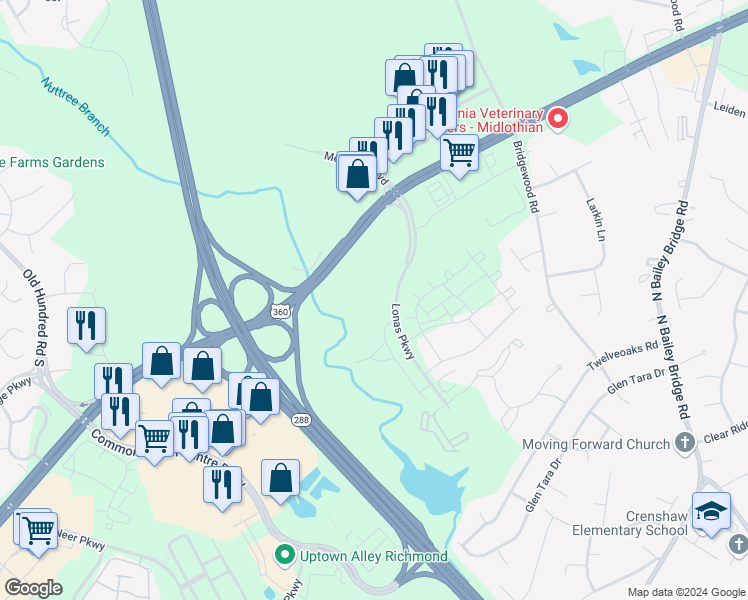map of restaurants, bars, coffee shops, grocery stores, and more near 3700 Lonas Parkway in Midlothian