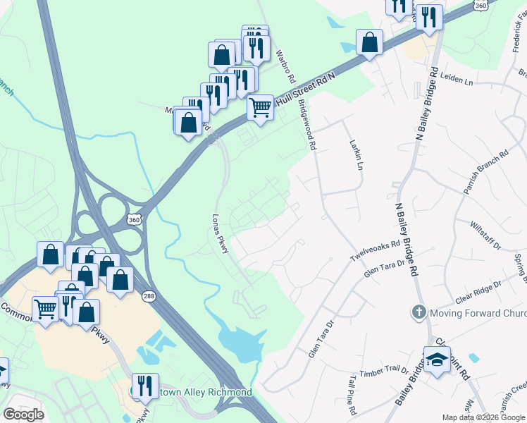 map of restaurants, bars, coffee shops, grocery stores, and more near 4001 Lonas Parkway in Midlothian