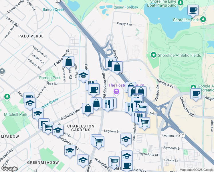 map of restaurants, bars, coffee shops, grocery stores, and more near 996 San Antonio Road in Palo Alto