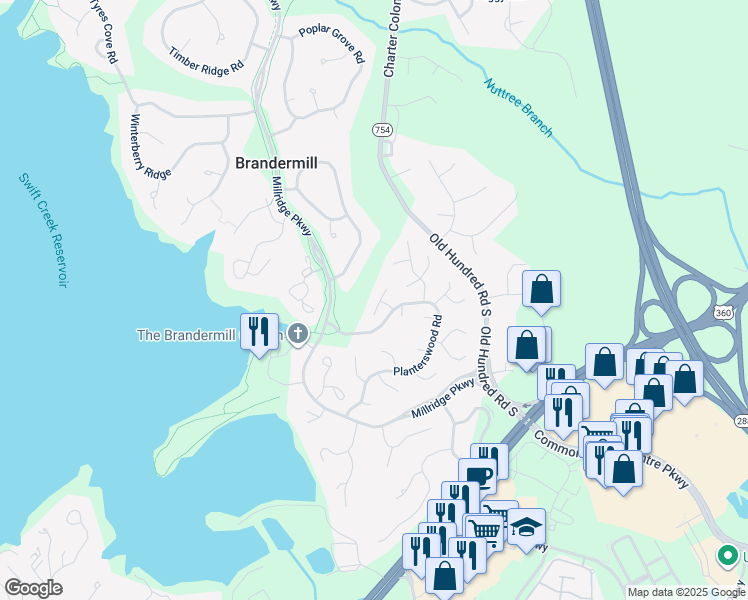 map of restaurants, bars, coffee shops, grocery stores, and more near 4405 Heritage Woods Lane in Midlothian