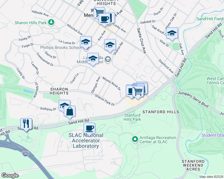 map of restaurants, bars, coffee shops, grocery stores, and more near 665 Monte Rosa Drive in Menlo Park