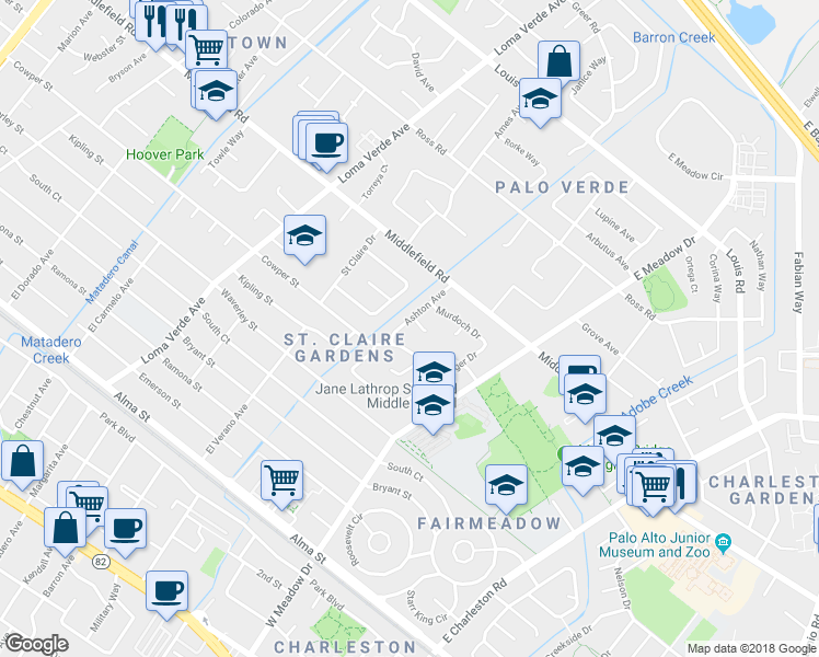 map of restaurants, bars, coffee shops, grocery stores, and more near 570 Ashton Avenue in Palo Alto