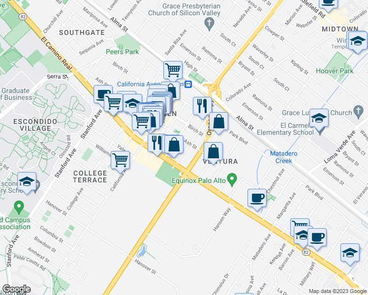 map of restaurants, bars, coffee shops, grocery stores, and more near 404 Sheridan Avenue in Palo Alto