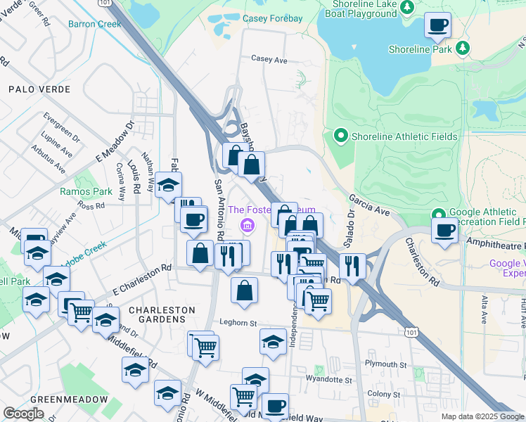 map of restaurants, bars, coffee shops, grocery stores, and more near 4067 Transport Street in Palo Alto