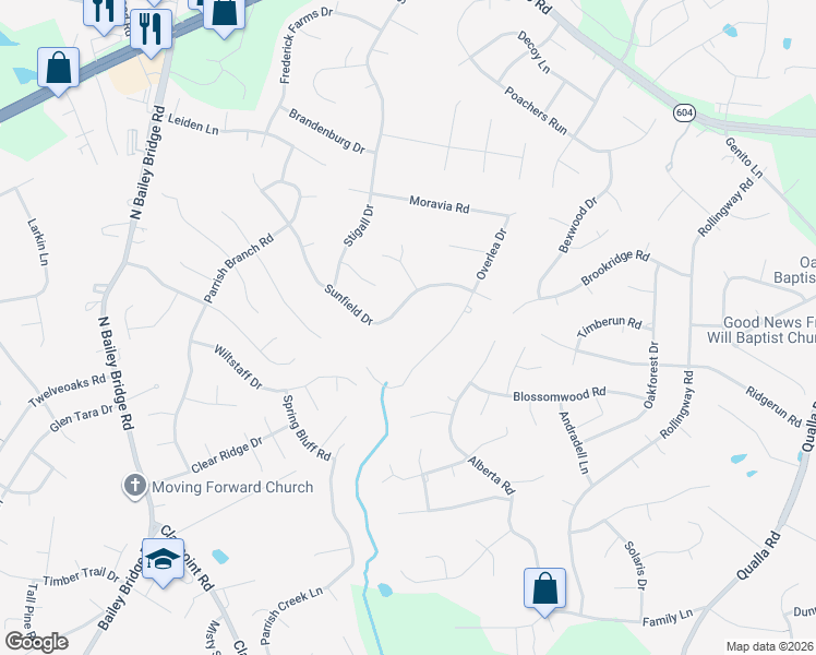 map of restaurants, bars, coffee shops, grocery stores, and more near 11231 Sunfield Drive in Midlothian
