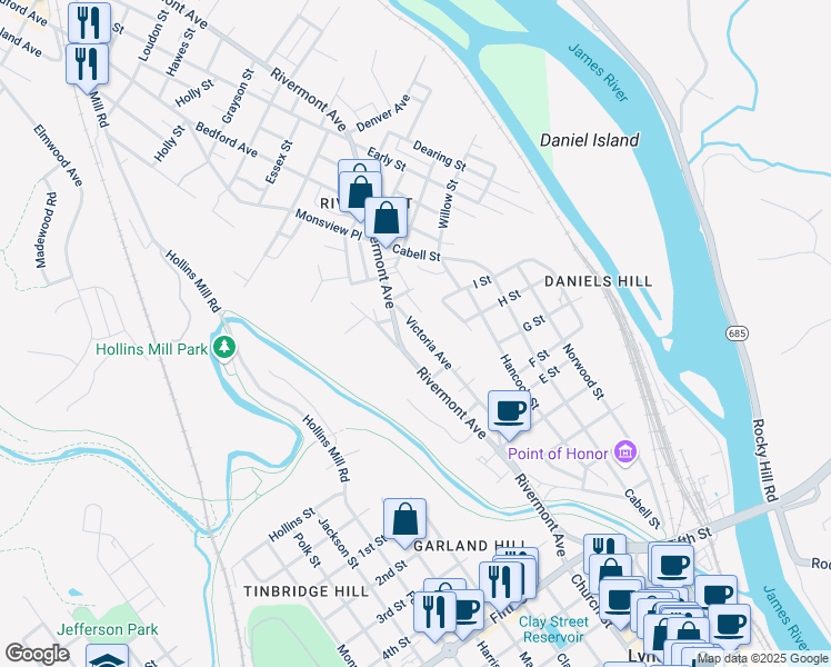 map of restaurants, bars, coffee shops, grocery stores, and more near 831 Victoria Avenue in Lynchburg