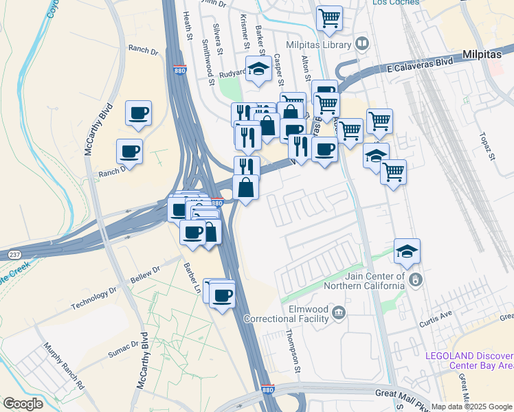 map of restaurants, bars, coffee shops, grocery stores, and more near 336 South Abbott Avenue in Milpitas