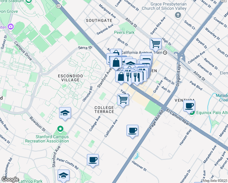 map of restaurants, bars, coffee shops, grocery stores, and more near 2151 Williams Street in Palo Alto