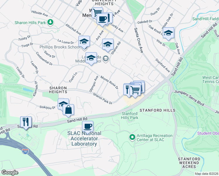 map of restaurants, bars, coffee shops, grocery stores, and more near 665 Monte Rosa Drive in Menlo Park