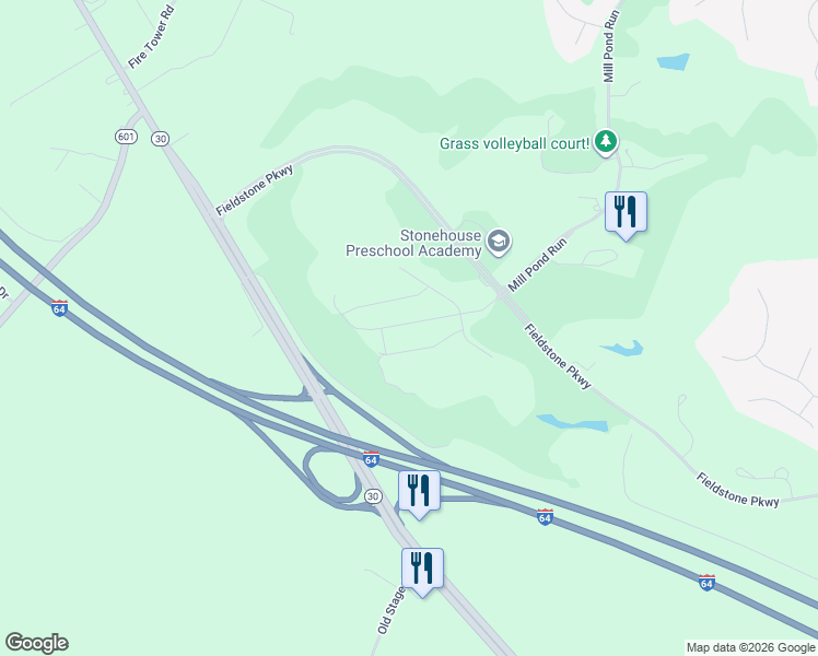 map of restaurants, bars, coffee shops, grocery stores, and more near 9354 Fieldstone Parkway in Toano