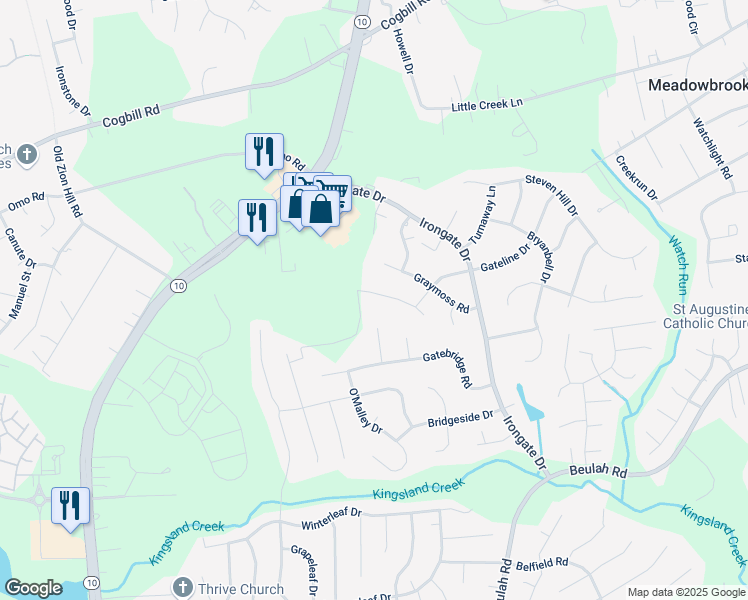 map of restaurants, bars, coffee shops, grocery stores, and more near 5429 Mistyhill Road in Richmond