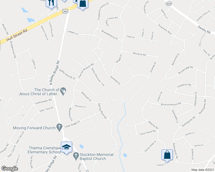 map of restaurants, bars, coffee shops, grocery stores, and more near 11436 Bailey Mountain Trail in Midlothian