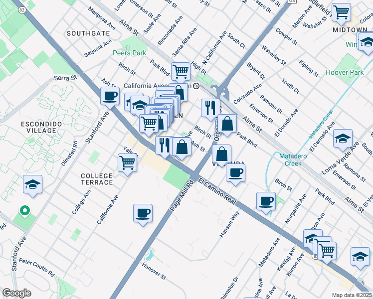 map of restaurants, bars, coffee shops, grocery stores, and more near 455 Grant Avenue in Palo Alto