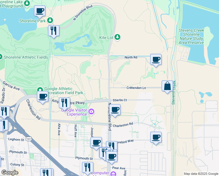 map of restaurants, bars, coffee shops, grocery stores, and more near 2195 North Shoreline Boulevard in Mountain View