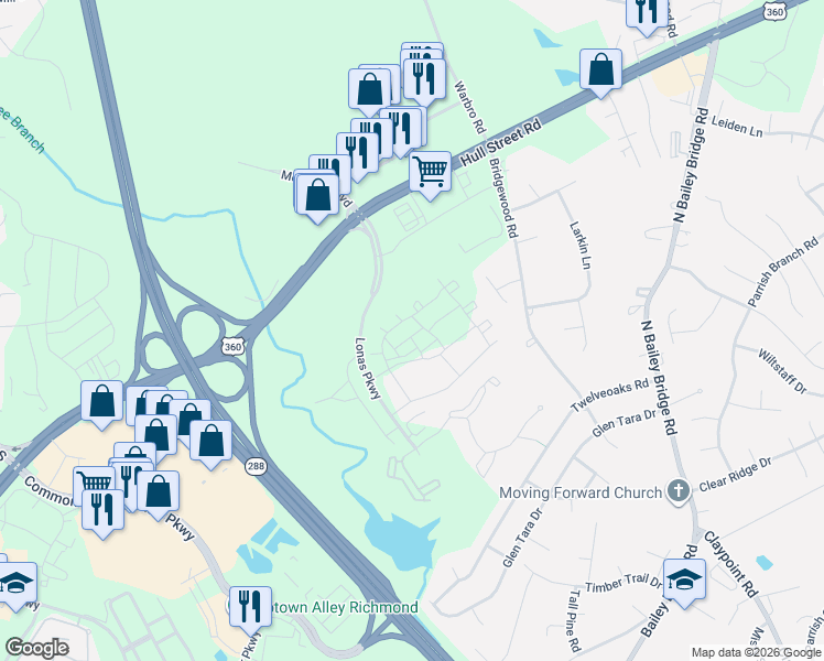 map of restaurants, bars, coffee shops, grocery stores, and more near 4000 Next Level Trace in Midlothian