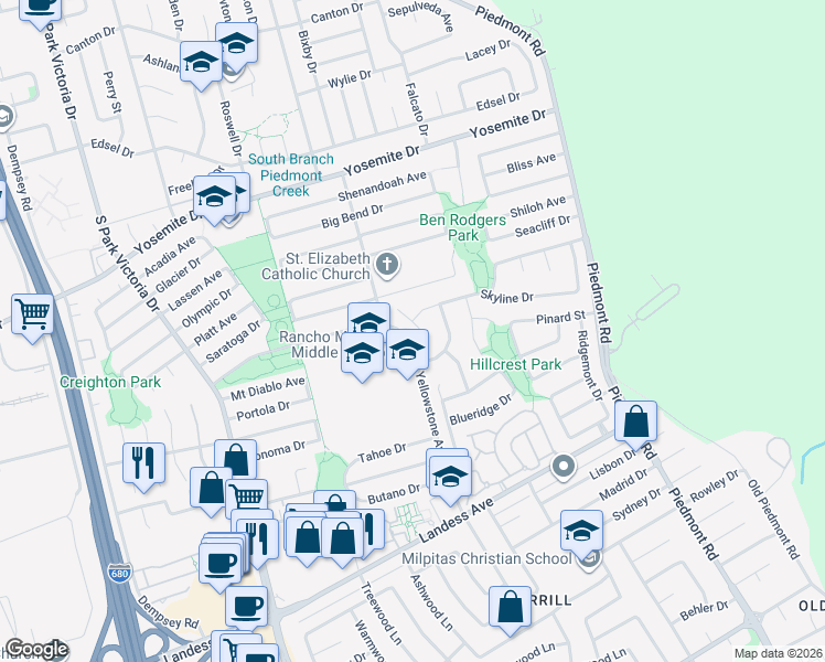 map of restaurants, bars, coffee shops, grocery stores, and more near 931 Galindo Court in Milpitas