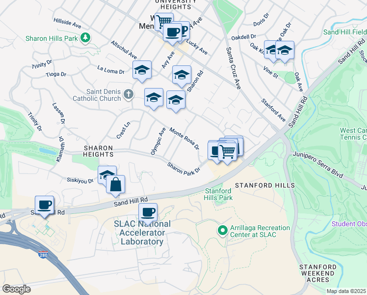 map of restaurants, bars, coffee shops, grocery stores, and more near 2315 Eastridge Avenue in Menlo Park
