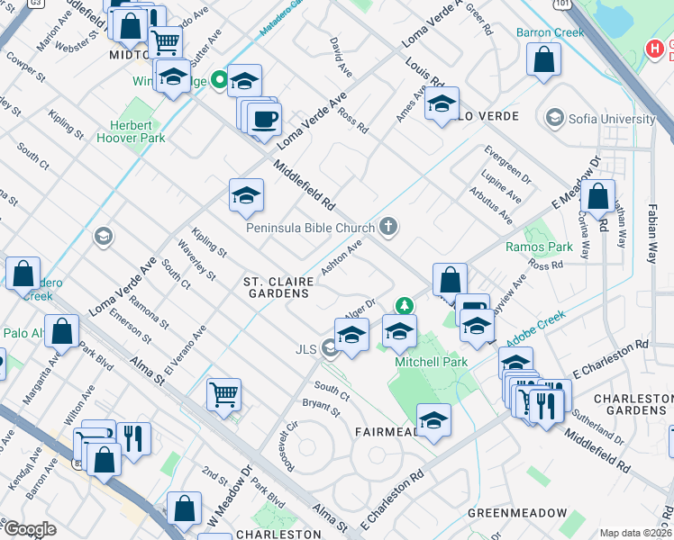 map of restaurants, bars, coffee shops, grocery stores, and more near 590 Ashton Avenue in Palo Alto