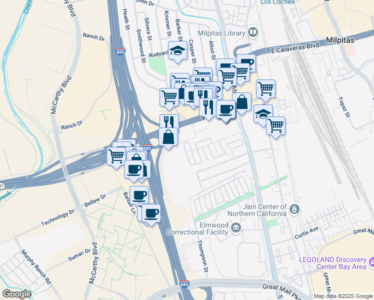 map of restaurants, bars, coffee shops, grocery stores, and more near 295 Rio Verde Place in Milpitas