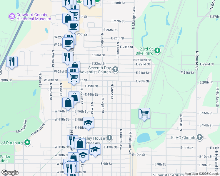 map of restaurants, bars, coffee shops, grocery stores, and more near 1811 North Grand Street in Pittsburg