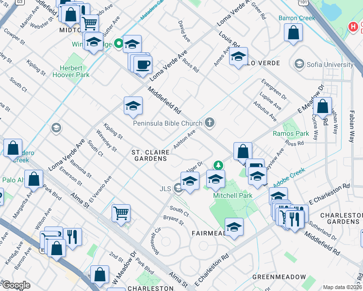 map of restaurants, bars, coffee shops, grocery stores, and more near 590 Ashton Avenue in Palo Alto