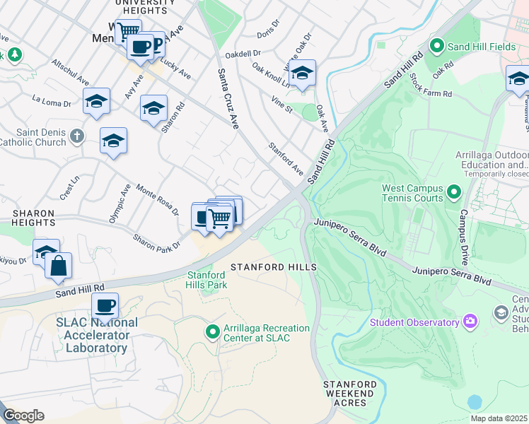 map of restaurants, bars, coffee shops, grocery stores, and more near 2445 Sharon Oaks Drive in Menlo Park