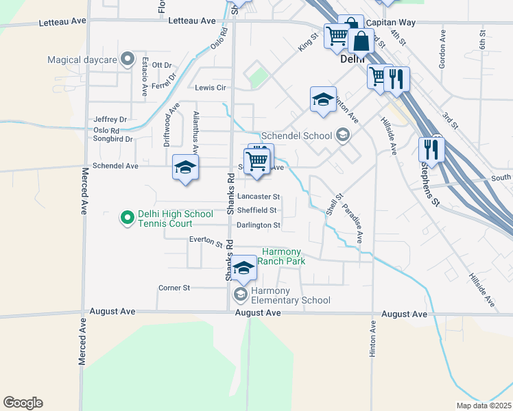 map of restaurants, bars, coffee shops, grocery stores, and more near 16402 Sheffield Street in Delhi