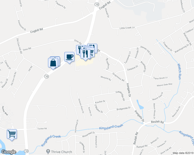map of restaurants, bars, coffee shops, grocery stores, and more near 5429 Mistyhill Road in Richmond
